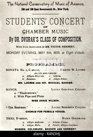 DVORAK. Programm Konzert von Dvoraks Schüler tschechischen Komponisten (1841-1904). Von der Nationalen Konservatorium für Musik von Amerika. 1893. Stockfoto