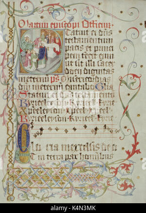 Mittelalterliche score - "INTROITUS UND GLORIA" - 1481. Bilderhandschrift. Beispiel für den gregorianischen Choral. Plainsong. Musik auf vier Zeile geschrieben Daube - schwarzen Noten auf roten Linien. Für Martinmas vom Furtmeyer Messbuch für Erzbischof Bernard von Salzburg. Beispiel für den gregorianischen Choral. Plainsong. Stockfoto