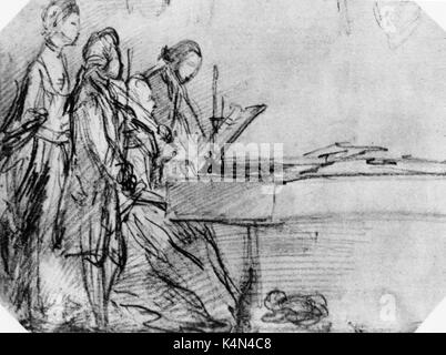 Cembalo, Violine & Sängerinnen und Sänger von Harpsicord und Geige begleitet. Nach Skizze von Thomas Gainsborough (1727 - 1788). 18. Jahrhundert - Später romantisch. Stockfoto