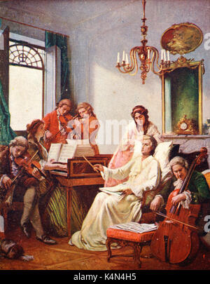 Mozart, Österreichischer Komponist, Durchführung von seinem Requiem von seinem Totenbett. Kammermusik - Violine, Viola, Violoncello, Flöte, Klavier. 1756-1791 Stockfoto