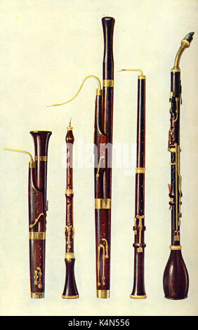 INSTR - Wind - ALLGEMEINE l-r: Fivizzano, Oboe, Fagott, Oboe da Caccia; Bassetthorn orchestrale Blasinstrumente gezeichnet 1921 von Hipkins. (Alfred James Hipkins 1826-1903) Stockfoto