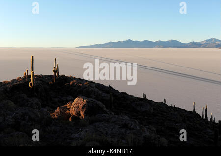 Sonnenaufgang auf dem Salar de Uyuni die Isla del Pescado, einer hügeligen und Felsvorsprung von Land in der Mitte des Salt Flats Stockfoto