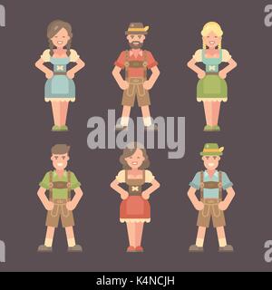 Satz flacher Oktoberfest Zeichen auf dunklem Hintergrund. Männer in Lederhosen und Frauen im Dirndl. Beer Festival Kostüme flachbild Abbildung Stock Vektor
