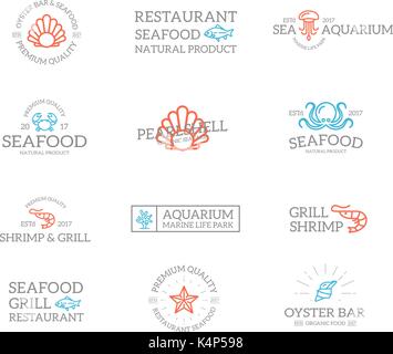Satz von Retro Vintage Fisch und Meeresfrüchte logo oder Abzeichen, Embleme, Etiketten und Abzeichen und andere branding Objekte. Vektor Linienstil Stock Vektor