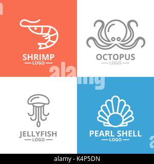 Satz von Quallen und Meeresfrüchte, Shrimps, Shell, octopus Logo oder Abzeichen, Embleme, Etiketten und Abzeichen. Vektor Linienstil Stock Vektor