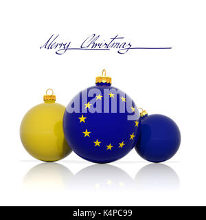 Weihnachten Kugeln mit Fahne der Europäischen Union isoliert auf weißem Stockfoto