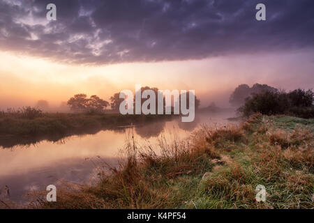 Fantastische Foggy River mit frischem grünem Gras im Sunrise. Dramatische bunte Landschaft. Dämmerung am Flussufer. Misty Morning an einem Fluss. Stockfoto