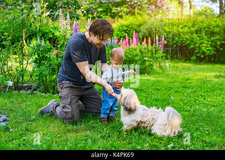 Vater und Sohn mit Shih Tzu Hund im Sommer grün Garten Stockfoto