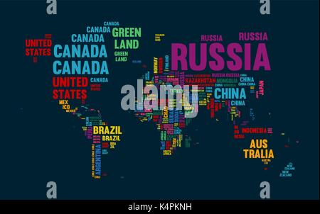 Typografie Farbe Weltkarte aus jedem Land Name. Konzept text Atlas Design mit Kontinents formen. EPS 10 Vektor. Stock Vektor