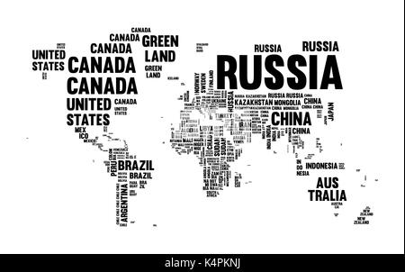 Typografie Weltkarte aus jedem Land Name in Schwarz und Weiß. Konzept text Atlas Design mit Kontinents formen. EPS 10 Vektor. Stock Vektor