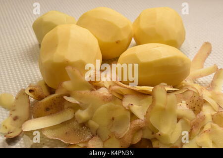 Kleine runde Kartoffeln vor einem weißen Hintergrund geschält Stockfoto