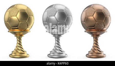 Gold, Silber und Bronze Trophy cup Fußball Fußball 3D-Render Abbildung auf weißem Hintergrund Stockfoto