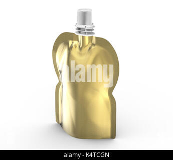 Energie jelly Paket, leere Folie Beutel Mockup für Getränke oder Essen in 3D Rendern, goldene Farbe Stockfoto