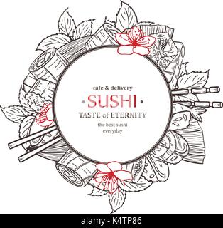 Doodle Sushi Restaurant und Lieferung design Vorlage. Asiatische Lebensmittel Komposition. Vector Illustration Stock Vektor