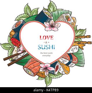 Doodle Sushi Restaurant und Lieferung design Vorlage. Asiatische Lebensmittel Komposition. Vector Illustration Stock Vektor
