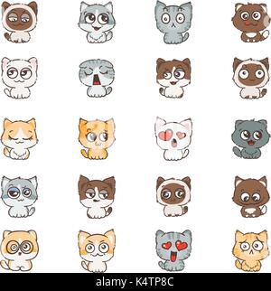 Cute Cartoon, Katzen und Hunde mit unterschiedlichen Emotionen. Aufkleber Sammlung. Vektor einrichten von Doodle Emoji und Emoticons. Stock Vektor