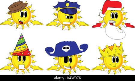 Cartoon sun zuckt die Schultern nicht Geste auszudrücken Wissen. Sammlung mit Kostüm. Ausdrücke Vektor einrichten. Stock Vektor