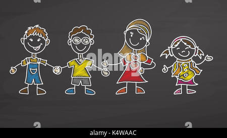 Lehrer und Kinder Zeichnung am Schwarzen Brett, handdrawn Vektor Skizze, saubere Konturen, Vintage Style Tafel. Stockfoto