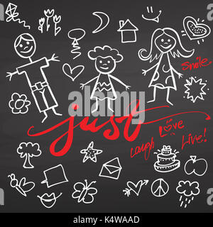 Familie Doodles und Schriftzug auf Tafel, handdrawn Vektor Skizze, saubere Konturen, Vintage Style Tafel. Stockfoto