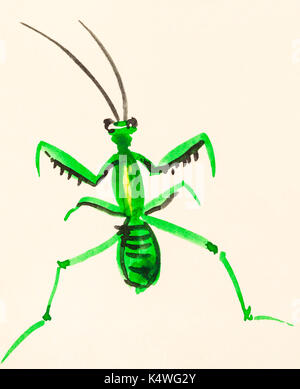 Ausbildung Zeichnung in suibokuga Sumi-e Stil mit Wasserfarben-Mantis auf cremefarbenem Papier gemalt Stockfoto