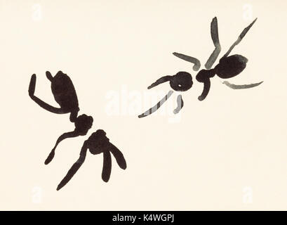 Ausbildung Zeichnung in suibokuga Sumi-e Stil mit Wasserfarben - zwei Ameisen hand auf cremefarbenem Papier gemalt Stockfoto