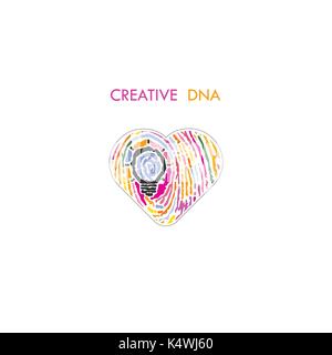 Kreative Glühbirne Idee, Konzept und Fingerabdruck Muster mit Herz. Bildung oder Geschäftsideen. Kreativität oder Innovation Konzept. constructioni Stock Vektor