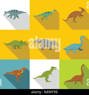 Silhouetten der Dinosaurier Icon Set, flacher Stil Stock Vektor