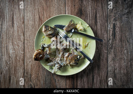 Fisch auf dem Teller mit Messer und Gabel beiseite stellen. Essensreste, Hausmüll entsorgt. Stockfoto