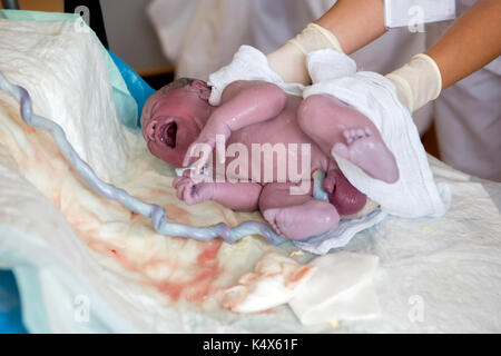 Neugeborenes Baby Boy, die ersten Sekunden nach der Geburt, noch die Nabelschnur stumpf Glück Familie Konzept angeschlossen Stockfoto