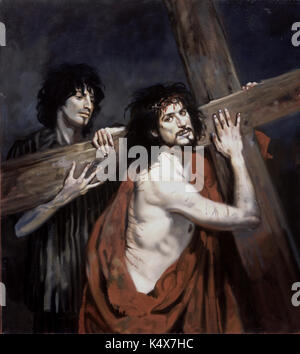 Christus und Simon von Zyrene auf Auschwitz-Jesus Karies sein Kreuz geholfen von Simon von Kyrene, der in einem gestreiften Uniform (jetzt als gestreiften Pyjama bekannt). Stockfoto