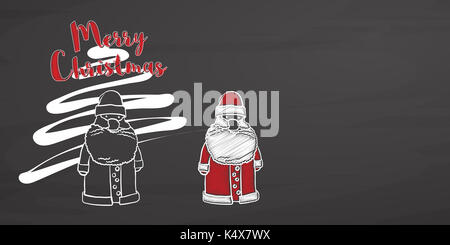 Cute Santa Claus und Christmas Schriftzug auf Tafel, handdrawn Vektor Skizze, saubere Konturen, Vintage Style Tafel. Stockfoto