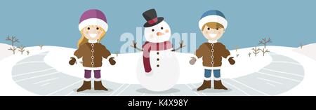 Glückliche Kinder mit Schneemann Banner. Vector Illustration Stock Vektor