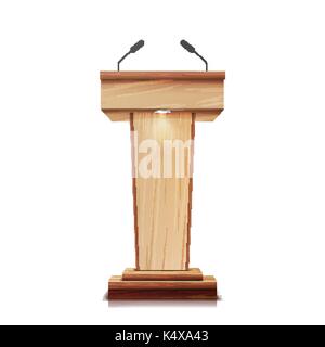 Realistische Holz- Tribüne isoliert Vektor. Mit zwei Mikrofonen. Holz- Klassik Podium Podium stand. Abbildung: Stock Vektor
