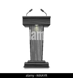 Realistische Holz- Tribüne isoliert Vektor. Mit zwei Mikrofonen. Dunklen hölzernen Podium Zeichen Podium stand. Abbildung für die Performance Presentation Rede. Stock Vektor