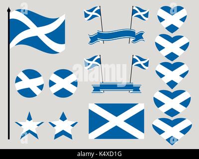 Schottland Flag gesetzt. Sammlung von Symbolen, die Herz und Kreis. Vector Illustration Stock Vektor