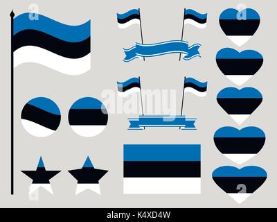 Estland Flag gesetzt. Sammlung von Symbolen, die Herz und Kreis. Vector Illustration Stock Vektor