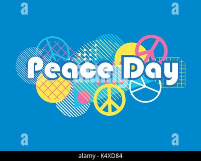 Internationaler Tag des Friedens. Geometrische Elemente Memphis. Design Grußkarte im Stil der 80er Jahre. Retro Banner. Vector Illustration Stock Vektor