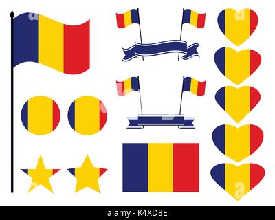Rumänien Flag gesetzt. Sammlung von Symbolen, die Herz und Kreis. Vector Illustration Stock Vektor