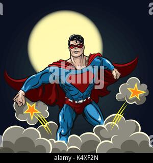 Superhelden stehen mit Kap im Wind fließt gegen Wolken aus Rauch und funkelt. Vector Illustration Stock Vektor