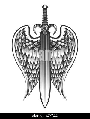 Schwert mit Flügeln in Tattoo Stil gezeichnet. Vector Illustration Stock Vektor