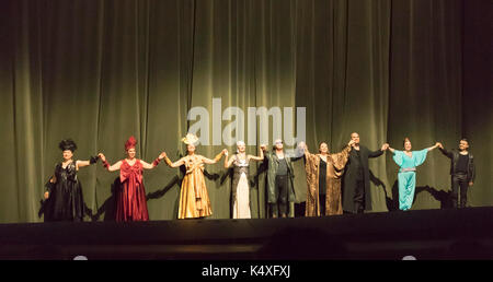 Die Besetzung der Curtain Call an Wagners Gotterdammerung, Bayreuth Opera Festival 2017, Bayern, Deutschland Stockfoto