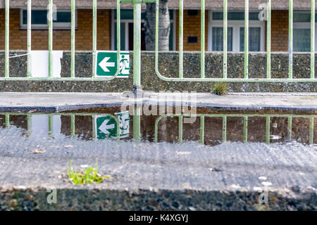 Kabelbruch im grünen Notausgang Schild und seine Reflexion von einer Pfütze für Konzept verwenden Stockfoto