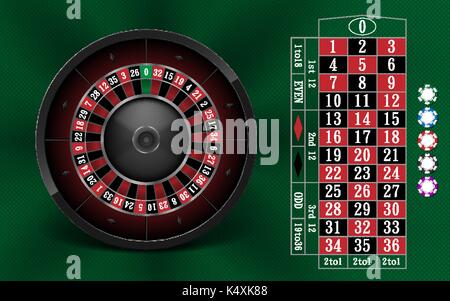 Casino Gambling Hintergrund Design mit realistischen Roulette und Casino Chips. Roulette Tisch auf grünem Hintergrund isoliert. Vector Illustration. Stock Vektor