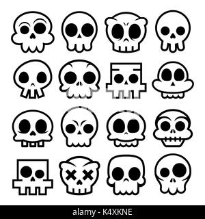 Halloween Vektor cartoon Schädel Symbole, Mexikanische süß Zucker Schädel Design, Dia de los Muertos Schädel Sammlung in Schwarz isoliert auf weißem, Dekoration Stock Vektor