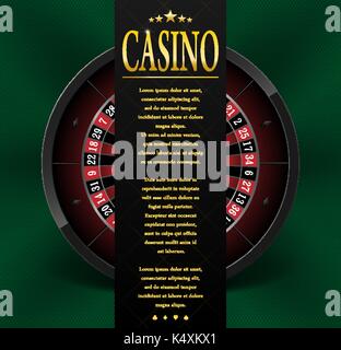 Casino Poster oder Flyer Design. Casino banner Vorlage mit Roulette Rad isoliert auf grünem Hintergrund. Spielen Casino Spiele. Vector Illustration. Stock Vektor