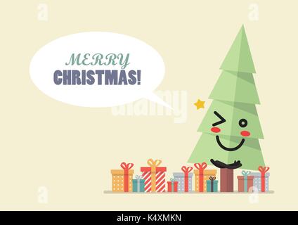 Frohe Weihnachten mit Weihnachtsbaum Charakter. Lustige cartoon Emoticons Stock Vektor