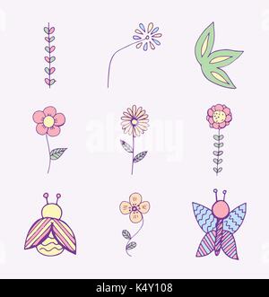 Vector Set von verschiedenen Blumen und Insekten Stock Vektor