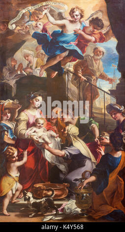 TURIN, Italien, 16. MÄRZ 2017: Die Malerei von Geburt der Jungfrau Maria in der Kirche Chiesa di San Massimo von Legnanino (1707). Stockfoto
