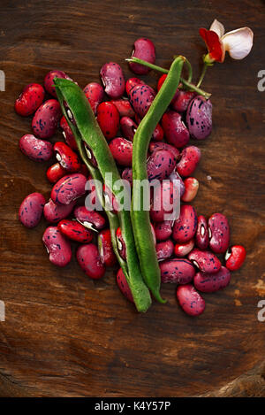 Scharlach, Bohnen - Pod, Blume und Bohnen auf hölzernen Tisch Stockfoto