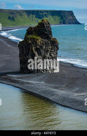 Felsen Bildung am Kap Dyrholaey mit schwarzem Sand Strand und Papageientaucher in der Nähe von Vik Stadt, Island im Sommer an einem sonnigen Tag Stockfoto